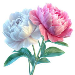 Two beautifully blooming peonies, one pink and one white, surrounded by lush green leaves in a serene garden