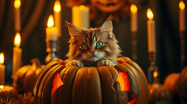 Adorable fluffy cat with captivating green eyes sits inside a carved Halloween jack-o'-lantern, surrounded by the warm glow of candles. - Powered by Adobe