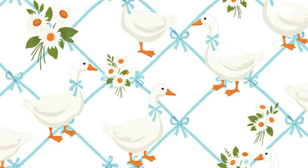 Cute floral seamless pattern with bows, flowers and goose. Preppy spring summer print