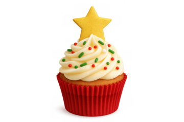 Delicious christmas cupcake decorated with vanilla frosting, red and green sprinkles, and a golden star on transparent background