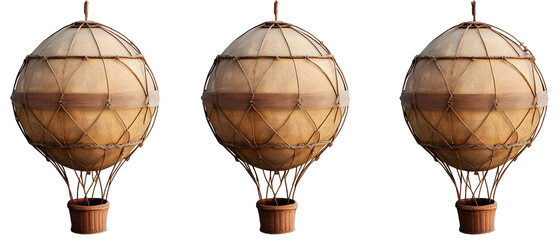 Three Vintage Hot Air Balloons Floating Against Black Background With Woven Basket Design And Metallic Accents Ready For Travel