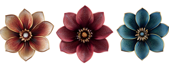 Three Detailed Floral Decorations Isolated On Transparent Background Featuring Burgundy Teal And Bronze Color Palettes With Gold Accents