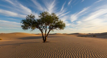 Fototapeta premium A solitary tree stands in a vast desert landscape under a blue sky with wispy clouds, creating a peaceful and serene scene.