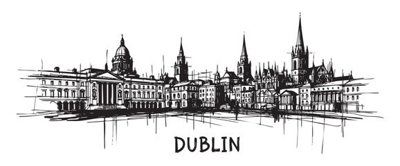 Fototapeta premium dublin ireland cityscape tall building engraving sketch vector illustration