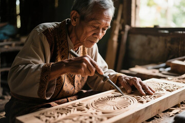 An experienced elderly Asian artisan meticulously carves intricate patterns into a wooden panel using a chisel, showcasing traditional craftsmanship.