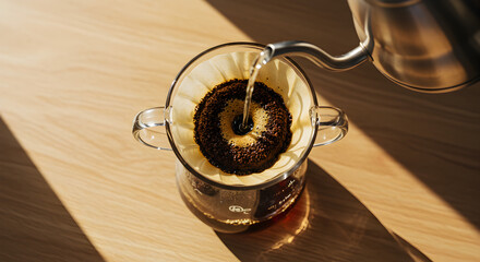 Pour Over Coffee Brewing Process, Sunlight on Wood Table