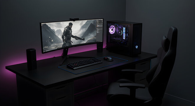 Modern Gaming Setup with Ultrawide Monitor and Purple Ambient Lighting