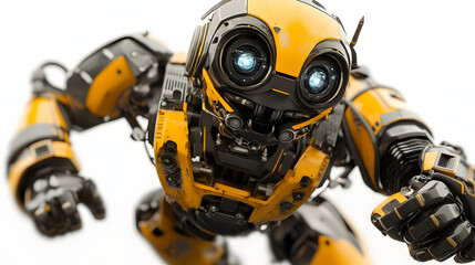 Closeup of a Yellow and Black Robot on White Background