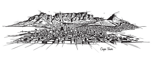 cape town south africa cityscape tall building engraving sketch vector illustration