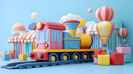 Colorful Cartoon Train and Balloons on Pastel Blue Background