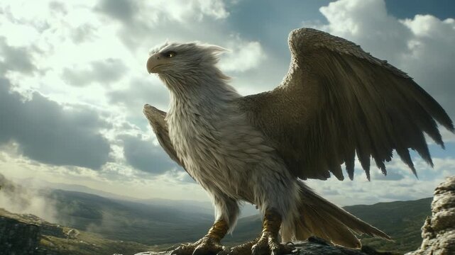 A majestic griffin stands on a rocky ledge, poised against a dramatic sky.