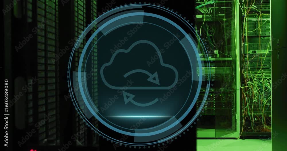 Poster upon shield appearing security interface animating rings sweeping scan line protecting cloud icon