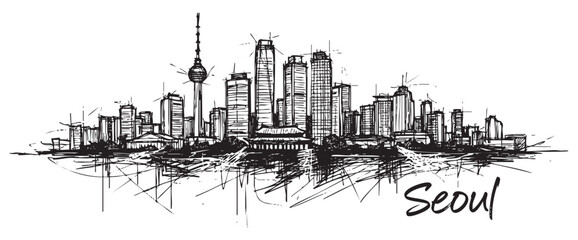 seoul south korea cityscape tall building engraving sketch vector illustration