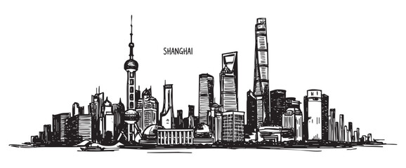 Obraz premium shanghai china cityscape tall building engraving sketch vector illustration