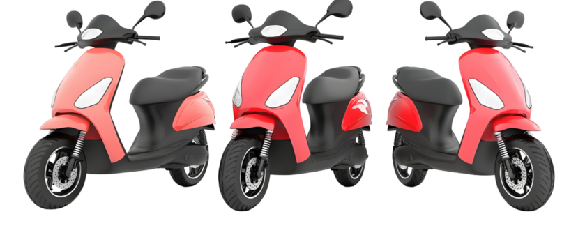Three Red Electric Scooters Isolated Against Transparent Background Showcasing Sleek Automotive Design and Modern Transportation Technology