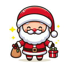 Santa Claus Holding Gift, Flat Cartoon Vector Illustratio