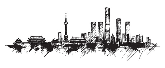 Fototapeta premium beijing china cityscape tall building engraving sketch vector illustration 