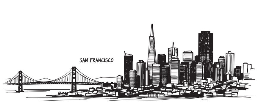 san francisco usa cityscape tall building engraving sketch vector illustration