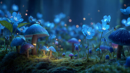 Enchanted forest scene with glowing mushrooms and blue flowers fantasy landscape wallpaper background 4k