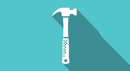 Minimalist Hammer Icon with Long Shadow on Teal Background showcasing a modern design aesthetic, suitable for construction, repair or handyman