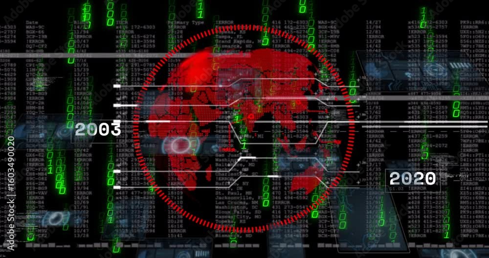 Poster on startup digital red globe rotating, scanning labels across years to visualize global data flow