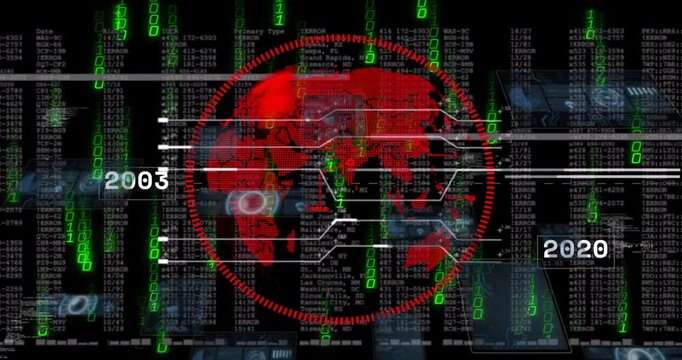 On startup digital red globe rotating, scanning labels across years to visualize global data flow