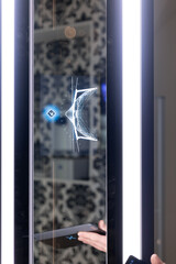 Computerized centering system for precise measurement of ophthalmic lenses, progressive lenses. 3D reconstruction of the eye and lens for precise measurements.