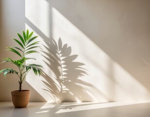 Minimalist tropical palm plant casting elegant geometric shadows on white textured wall in terracotta pot - modern scandinavian interior design with natural sunlight and zen home décor concept