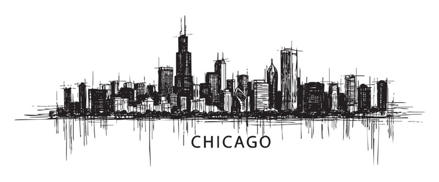 chicago usa cityscape tall building engraving sketch vector illustration