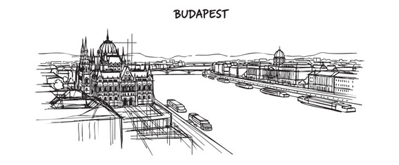 Obraz premium budapest hungary cityscape tall building engraving sketch vector illustration
