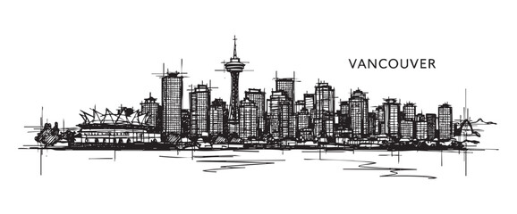 Fototapeta premium vancouver canada cityscape tall building engraving sketch vector illustration