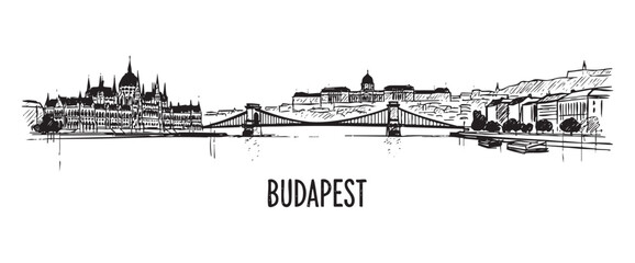 Obraz premium budapest hungary cityscape tall building engraving sketch vector illustration