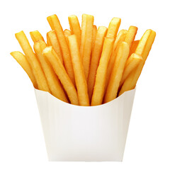 Golden, Crispy French Fries Served In A White Cardboard Container, Isolated On White.  Perfect For Food Blogs Or Menu Designs!