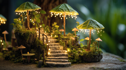 Obraz premium Enchanted mushroom garden path with fairy lights and miniature mushrooms for magical fantasy decor art