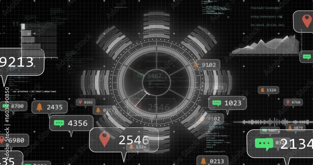 Poster after grid appearing metallic hud interface rotating while summoning numeric callouts for analytics