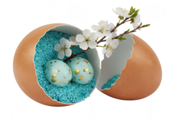 Easter eggs nestled in a cracked eggshell with cherry blossoms isolated on transparent background