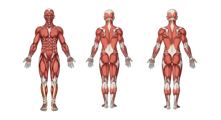 Human Muscular System Depiction: Anterior and Posterior Views, Anatomical Illustration with Realistic Muscle Detail on White Background