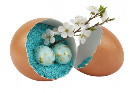 Easter eggs nestled in a cracked eggshell with cherry blossoms isolated on transparent background - Powered by Adobe