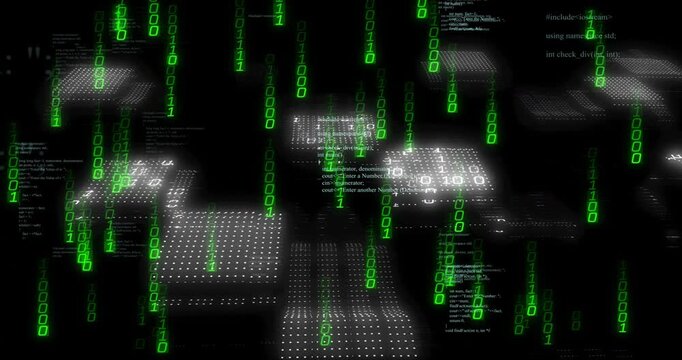 Initiating descending green binary streams floating C++ panels moving ahead displaying 3D code grid