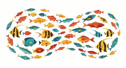 Colorful Fish School Cartoon Illustration with Tropical and Marine Fish Species Composition on White Background