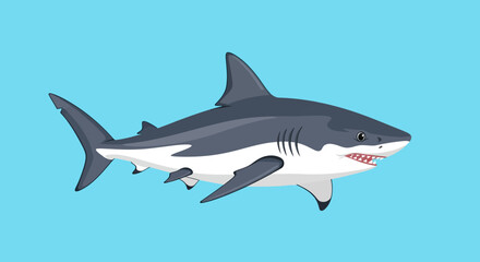 Naklejka premium Cartoon illustration of a majestic shark gliding effortlessly through the clear blue ocean depths captivating viewers with its powerful presence