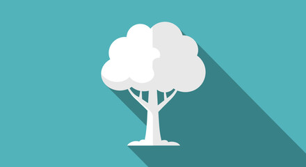 Minimalist white tree illustration with long shadow against a teal background representing nature 2D graphic