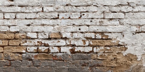 Weathered brick wall showcasing a gradient of paint, from white at the top to brown and grey at the base, revealing the underlying brick texture