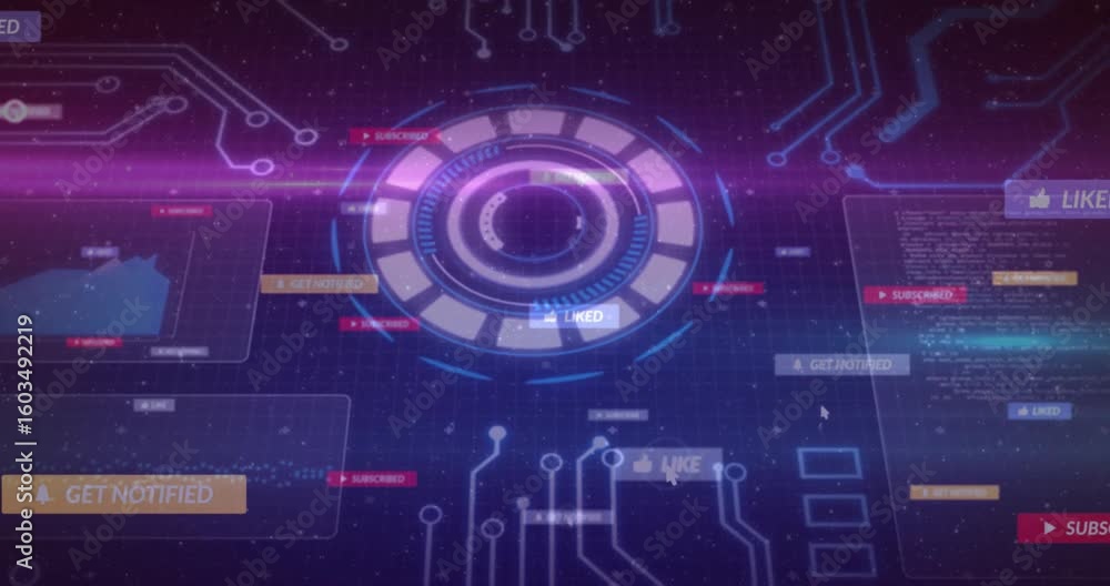 Aufkleber opening purple sweep revealing rotating hud, sliding buttons and glowing circuits showing interface