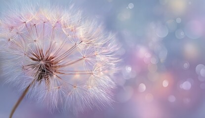 Close-up of a delicate, fluffy dandelion seed head against a soft, pastel background with bokeh effects