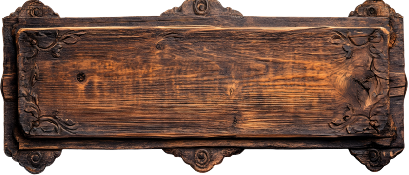 Detailed Close Up Of Weathered Wooden Sign Featuring Brown And Orange Tones With Textured Surface And Rustic Aesthetic Isolated On Transparent Background - Powered by Adobe