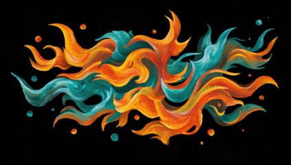 An abstract painting of stylized flames in teal and orange hues against a black background, with scattered dots adding to the dynamic effect