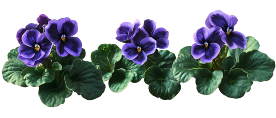 Three African Violets Displayed With Deep Purple Blooms And Lush Green Foliage Against A Transparent Backdrop Illuminated By Soft Lighting