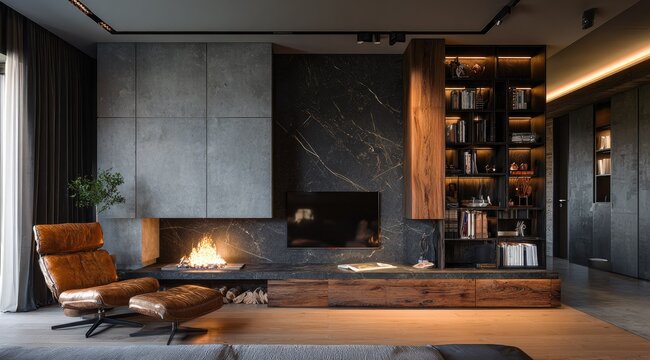 A modern living room features a large fireplace as a centerpiece, flanked by built-in shelving and cabinetry. The color palette is dark and moody, with textures of wood, stone, and leather