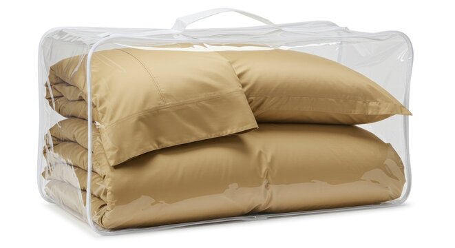 Clear plastic bag holding beige bedding set